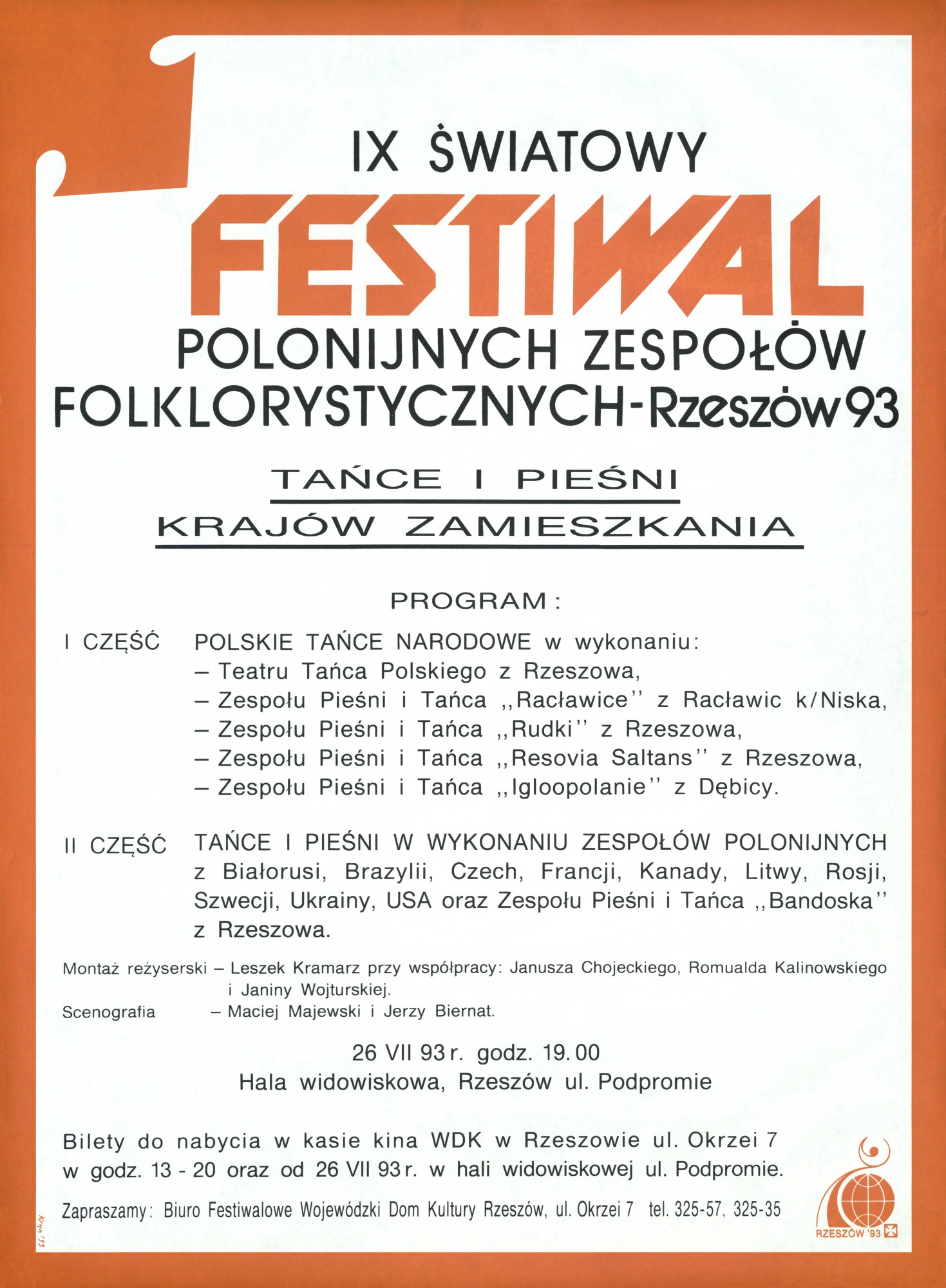 zdjęcie afisza - IX Światowy Festiwal Polonijnych Zespołów Folklorystycznych : Rzeszów 1993 : tańce i pieśni krajów zamieszkania